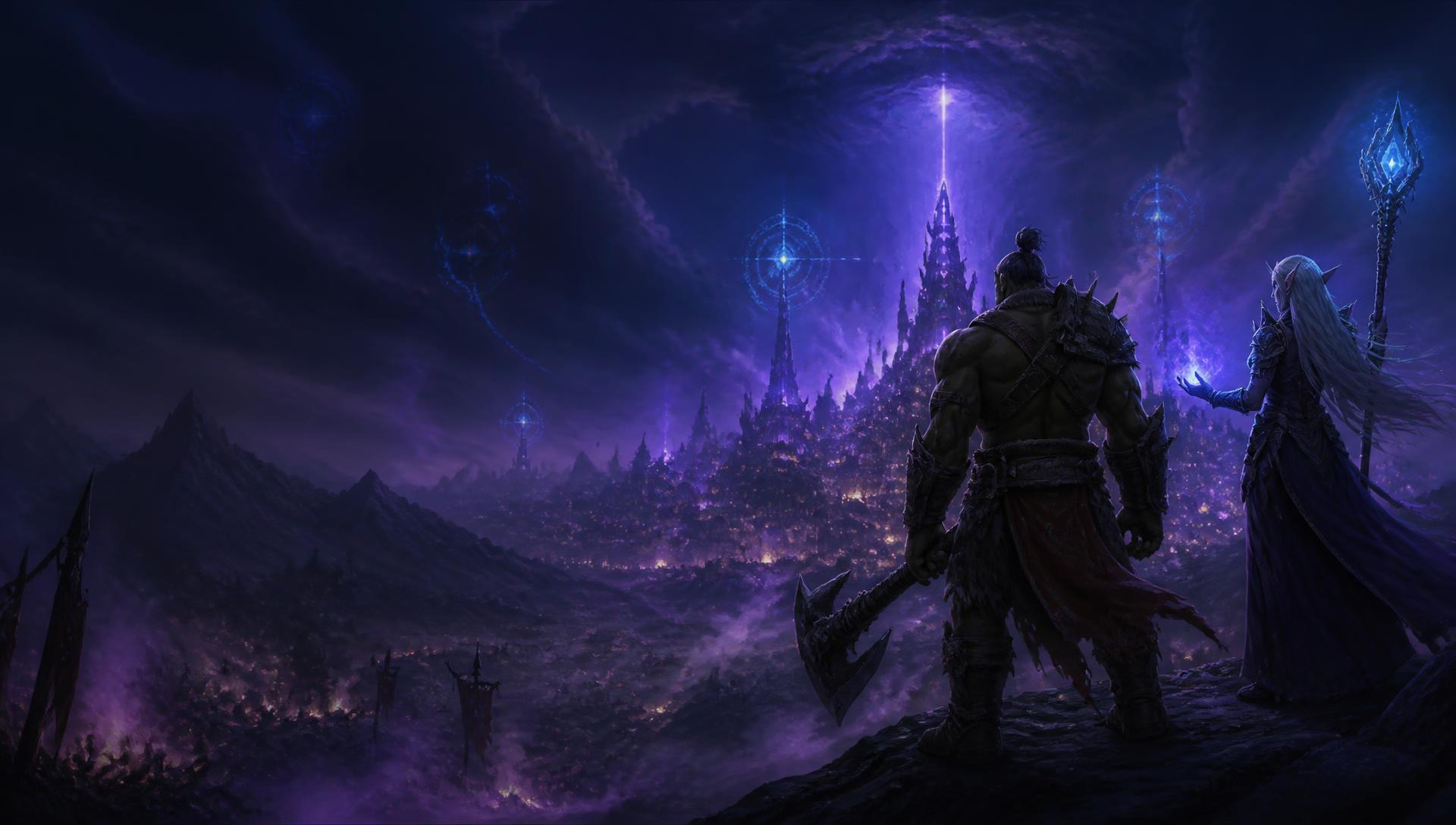 Adventurers overlooking a glowing arcane city at night