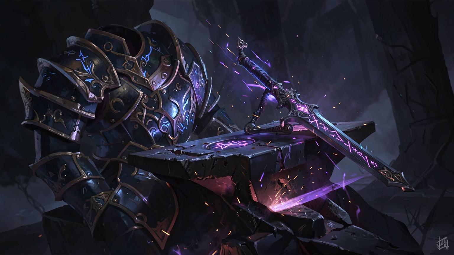 An ornate glowing armor set and enchanted sword on a dark forge anvil
