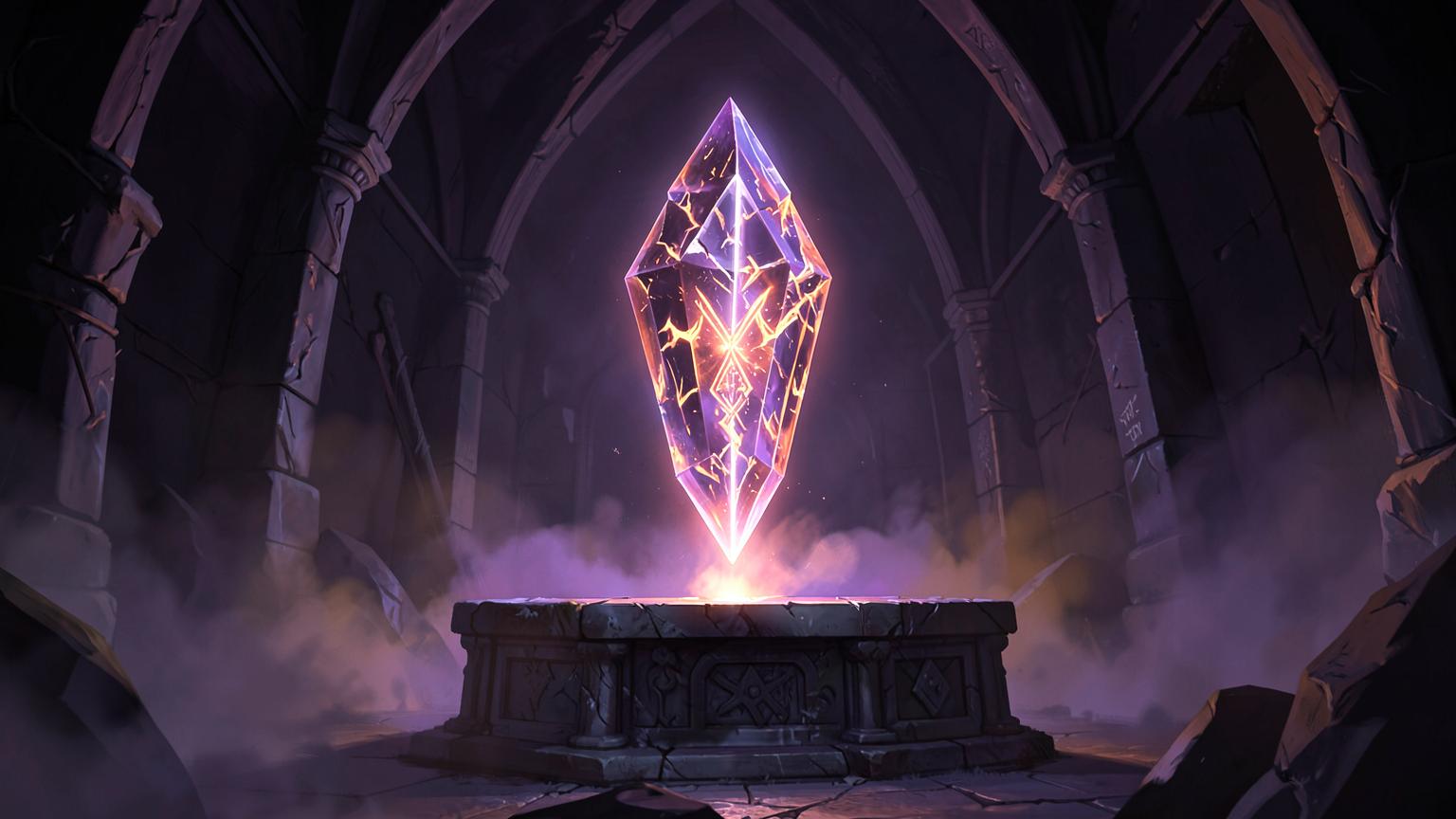 A glowing arcane keystone floating above a dungeon altar