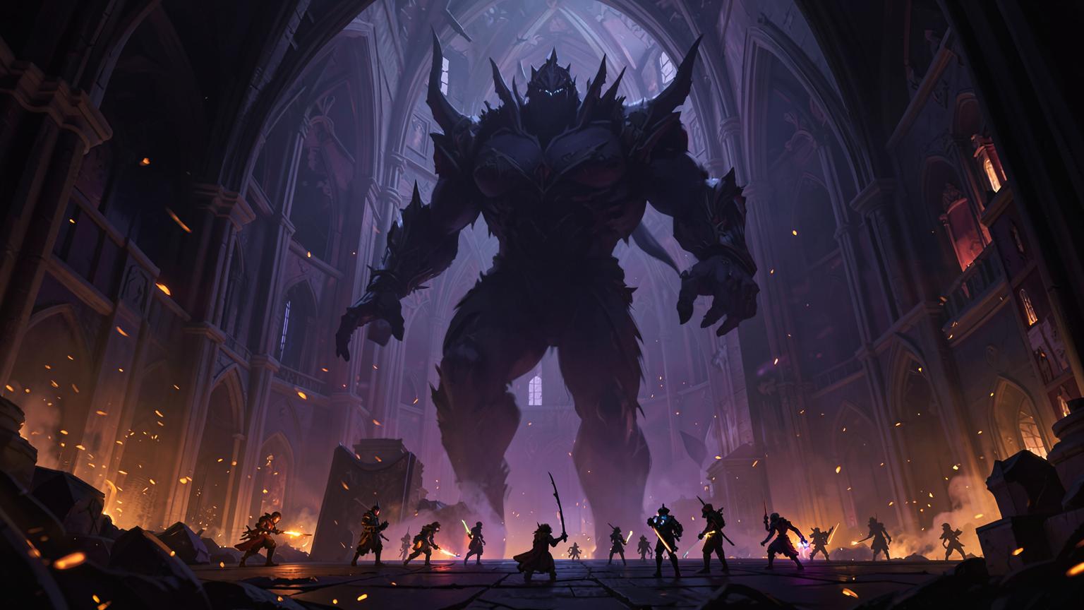 A towering shadowy raid boss inside a vast citadel with heroes below