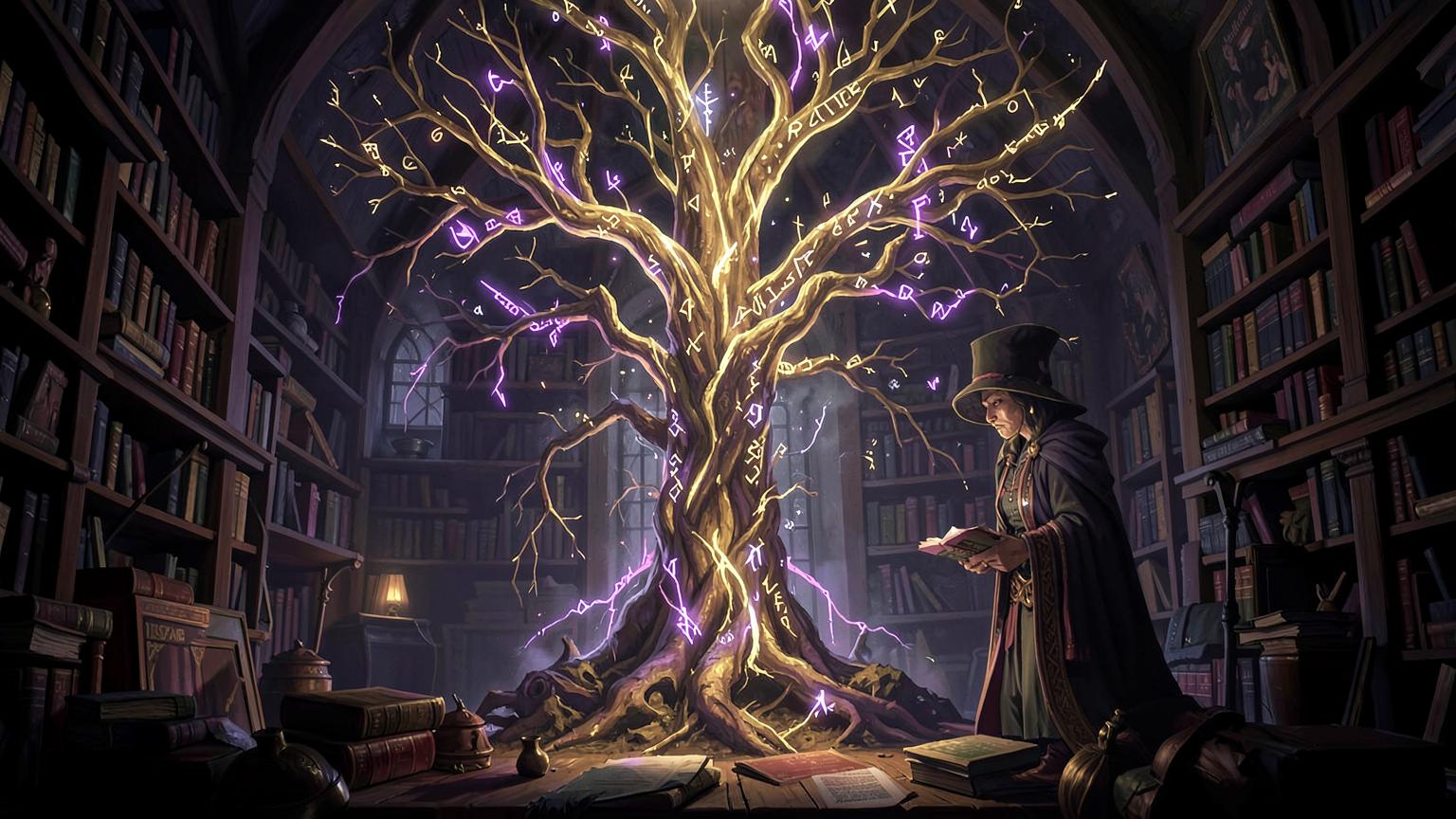 A glowing magical tree of runes inside a dark library