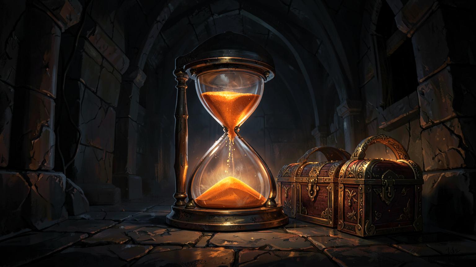 A glowing hourglass beside ornate treasure chests in a dark dungeon