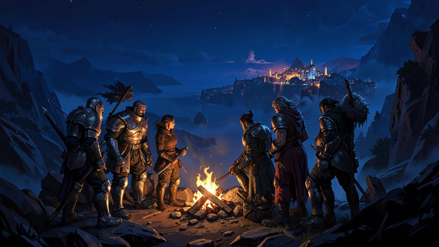 Five adventurers around a campfire looking at a distant glowing city